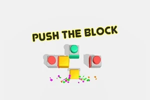 Textul PUSH THE BLOCK deasupra unei imagini cu blocuri colorate și butoane pe un fundal alb