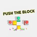 Textul PUSH THE BLOCK deasupra unei imagini cu blocuri colorate și butoane pe un fundal alb