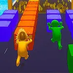 Două personaje colorate, unul galben și unul verde, fug pe o platformă cu cuburi colorate în jur