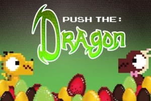 Un dragon pixelat galben și un dragon maro stau deasupra unui grup de ouă colorate, pe un fundal verde închis, cu textul Push The Dragon scris deasupra