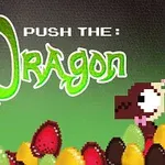 Un dragon pixelat galben și un dragon maro stau deasupra unui grup de ouă colorate, pe un fundal verde închis, cu textul Push The Dragon scris deasupra