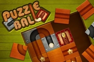 Piese de puzzle din lemn și metal aranjate pe un fundal verde, cu o minge albă și cuvântul Puzzle Ball deasupra