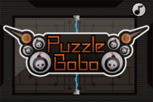 Siglă cu textul Puzzle Bobo înconjurat de imagini stilizate de bombe și linii electrice pe un fundal întunecat