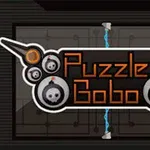 Siglă cu textul Puzzle Bobo înconjurat de imagini stilizate de bombe și linii electrice pe un fundal întunecat