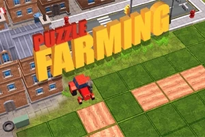 Tractor roșu lucrând pe terenuri agricole lângă clădiri urbane cu text galben mare FARMING