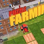 Tractor roșu lucrând pe terenuri agricole lângă clădiri urbane cu text galben mare FARMING