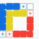 Forme colorate în albastru, galben și roșu dispuse într-un pătrat cu semne de plus în colțuri