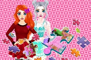 Două fete stilizate în rochii colorate, înconjurate de piese de puzzle pe un fundal roz cu inimioare