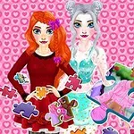 Două fete stilizate în rochii colorate, înconjurate de piese de puzzle pe un fundal roz cu inimioare