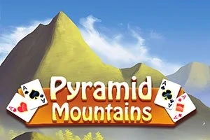 Un peisaj montan ilustrat, cu un cer albastru și nori albi, având cărți de joc și textul Pyramid Mountains în prim-plan