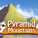 Un peisaj montan ilustrat, cu un cer albastru și nori albi, având cărți de joc și textul Pyramid Mountains în prim-plan