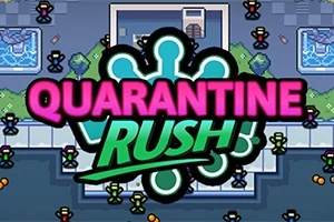 Textul „Quarantine Rush” în culori neon pe un fundal pixelat cu elemente de design retro și figuri umane stilizate în jur