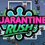Textul „Quarantine Rush” în culori neon pe un fundal pixelat cu elemente de design retro și figuri umane stilizate în jur