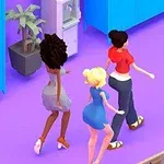 Trei personaje animate merg pe un coridor cu podea mov, alături de un dulap albastru și o plantă în ghiveci