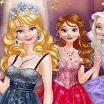 Patru prințese animate în rochii elegante și bijuterii strălucitoare, participând la un eveniment festiv