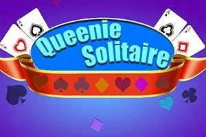 Logo colorat cu textul Queenie Solitaire pe un fundal violet, înconjurat de simboluri de cărți de joc
