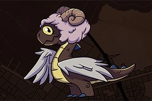 Un dragon animat cu lână pe cap și coarne spiralate, având aripi albastre și o privire curioasă, pe un fundal întunecat