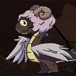 Un dragon animat cu lână pe cap și coarne spiralate, având aripi albastre și o privire curioasă, pe un fundal întunecat