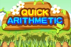 Textul „Quick Arithmetic” pe un fundal de lemn decorat cu flori albe și frunze verzi, înconjurat de iarbă