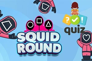 Personaje animate cu costume roz și măști negre cu forme geometrice pe față, titlul Squid Round și cuvântul quiz însoțit de iconițe colorate