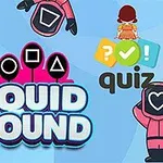 Personaje animate cu costume roz și măști negre cu forme geometrice pe față, titlul Squid Round și cuvântul quiz însoțit de iconițe colorate
