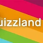 Logo cu textul Quizland pe un fundal colorat în dungi diagonale