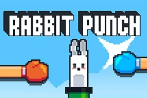 Mănuși de box roșii și albastre lovesc un iepure pixelat, pe un fundal albastru, sub textul Rabbit Punch