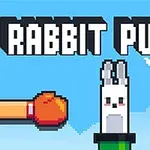 Mănuși de box roșii și albastre lovesc un iepure pixelat, pe un fundal albastru, sub textul Rabbit Punch