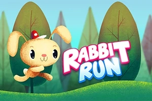 Un iepuraș desenat animat, purtând o căciulă roșie, sare printr-un peisaj cu copaci și iarbă verde, cu textul Rabbit Run în dreapta