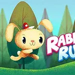 Un iepuraș desenat animat, purtând o căciulă roșie, sare printr-un peisaj cu copaci și iarbă verde, cu textul Rabbit Run în dreapta