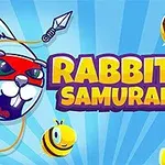 Ilustrație cu un iepure samurai mascat și trei albine pe un fundal albastru cu efect de raze, alături de textul Rabbit Samurai 2