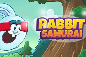 Imaginea prezintă un personaj animat de iepure cu bandană roșie, lângă un copac, cu textul Rabbit Samurai
