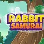 Imaginea prezintă un personaj animat de iepure cu bandană roșie, lângă un copac, cu textul Rabbit Samurai