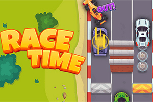 Ilustrație colorată cu mașini pe o pistă de curse și textul „RACE TIME” pe un fundal verde