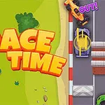 Ilustrație colorată cu mașini pe o pistă de curse și textul „RACE TIME” pe un fundal verde