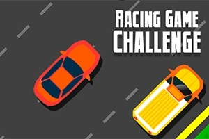 Doi mașini colorate, una roșie și alta galbenă, pe o șosea gri cu dungi albe și text RACING GAME CHALLENGE în colțul din dreapta sus
