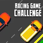 Doi mașini colorate, una roșie și alta galbenă, pe o șosea gri cu dungi albe și text RACING GAME CHALLENGE în colțul din dreapta sus