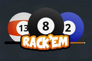 Trei bile de biliard numerotate 13, 8 și 2, cu textul RACKEM sub ele, pe un fundal închis