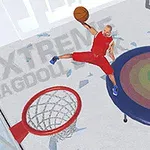 Un jucător de baschet animat sare de pe o trambulină multicoloră și se pregătește să facă un slam dunk la un coș de baschet