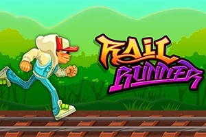 Un personaj animat poartă o șapcă roșie și hanorac, alergând pe șine de tren, cu un fundal verde și logo-ul „Rail Runner” colorat în galben și violet
