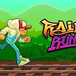 Un personaj animat poartă o șapcă roșie și hanorac, alergând pe șine de tren, cu un fundal verde și logo-ul „Rail Runner” colorat în galben și violet