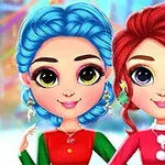 Două personaje animate cu părul colorat albastru și roșu, purtând haine de sărbătoare strălucitoare, cu fundal de iarnă