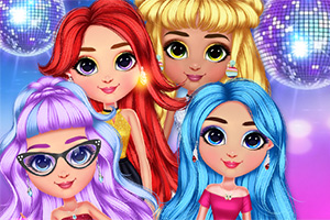 Patru personaje feminine animate cu păr colorat și ochi mari strălucitori, pe un fundal de discotecă vibrant