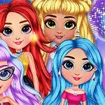 Patru personaje feminine animate cu păr colorat și ochi mari strălucitori, pe un fundal de discotecă vibrant