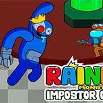 Personaj albastru cu coroană alergând spre un astronaut portocaliu cu o armă, într-un mediu stilizat, cu titlul „Rainbow Monster Impostor Catcher”