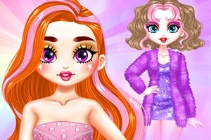 Două personaje animate stilizate, una cu păr portocaliu lung și ochi mari, machiată intens, și cealaltă cu păr ondulat, poartă o ținută violetă