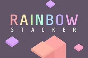 Text colorat RAINBOW STACKER pe un fundal gri cu forme geometrice pastelate
