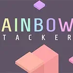 Text colorat RAINBOW STACKER pe un fundal gri cu forme geometrice pastelate