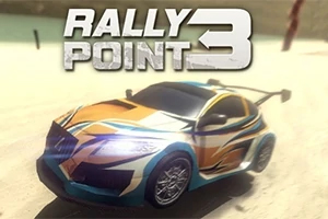 Mașină de raliu colorată cu albastru și portocaliu pe un drum de nisip, sub un logo cu text Rally Point 3
