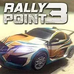 Mașină de raliu colorată cu albastru și portocaliu pe un drum de nisip, sub un logo cu text Rally Point 3